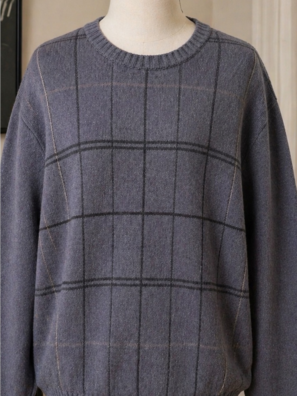 Oscar de la Renta Gray Knit Sweater Men’s Large Crewneck Windowpane Pattern
